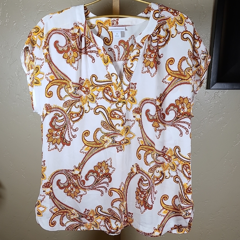 Liz Claiborne Gold and Orange Paisley Mandarin Collar Blouse